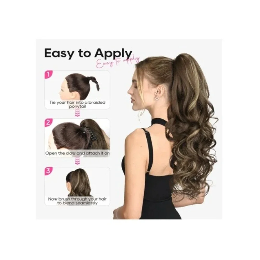 REECHO 24in Ponytail Extension Claw Clip Wavy Medium Blonde Highlights ZJ267